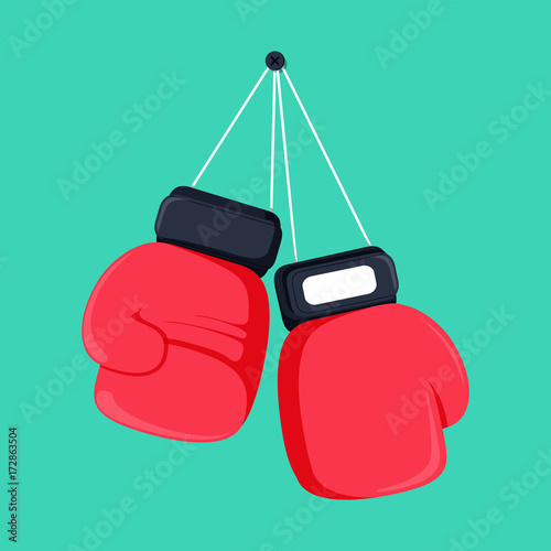 Red boxing gloves hanging on nail of wall, flat design icon