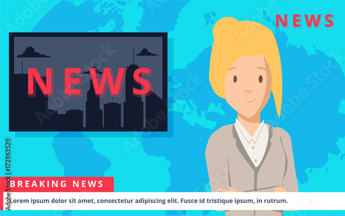 News Anchor on TV Breaking News background. vector illustration in flat design.