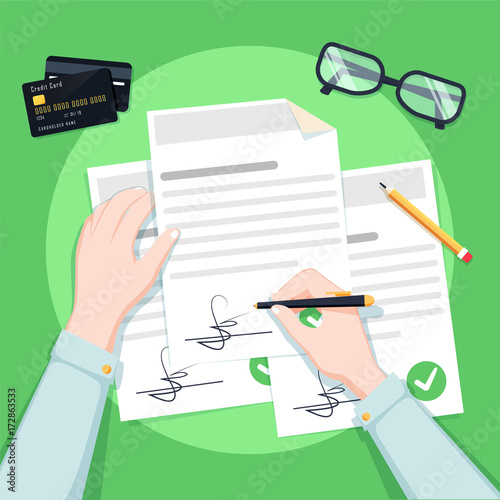 Man fills the form of document. Human hands hold the accounts, payroll, tax form. Workplace with papers