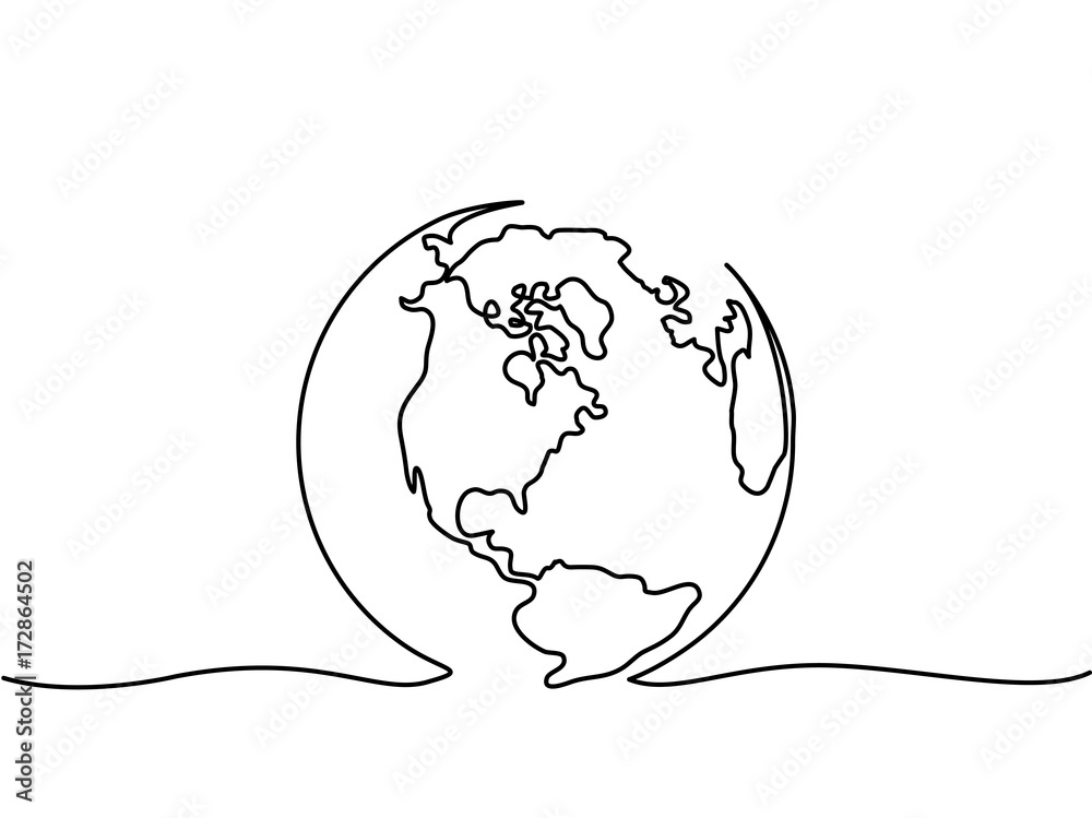 Naklejka Continuous line drawing. Globe of the Earth. Map side of America. Vector illustration