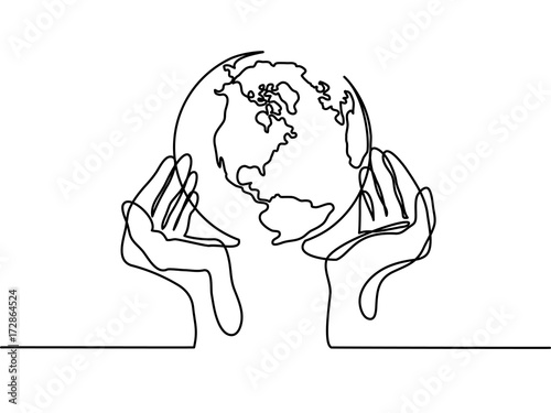 Continuous line drawing. Globe of the Earth in human hands. Map side of America. Vector illustration