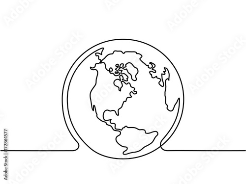 Continuous line drawing. Globe of the Earth. Map side of America. Vector illustration