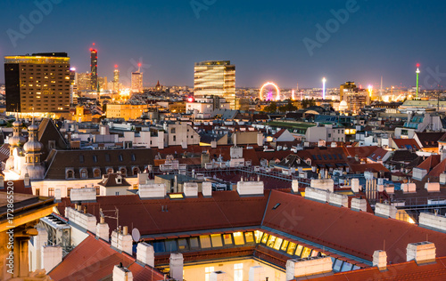 Aerial view over the cityscape of Vienna at night photo