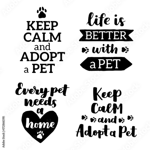 Vector lettering set with saying about pet adoption. Don't shop, adopt. Modern calligraphy phrases on isolated background.