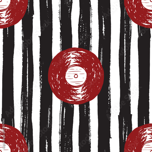 Vinyl record vintage seamless pattern hand drawn label sketch, grunge textured retro badge, typography design t-shirt print, striped vector illustration
