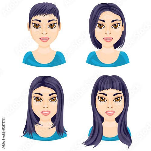 Basic length of women straight hair on white background / There are four basic lengths of women hair that demonstrated on Asian brunette
