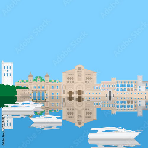 Flat building of Monaco country, travel icon landmarks in Monte Carlo. City architecture. World travel vacation sightseeing European collection.