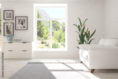 Idea of white room with sofa and summer landscape in window. Scandinavian interior design. 3D illustration