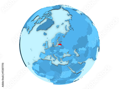 Latvia on blue globe isolated