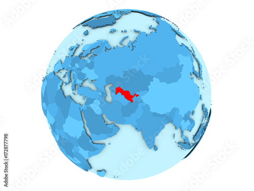 Uzbekistan on blue globe isolated