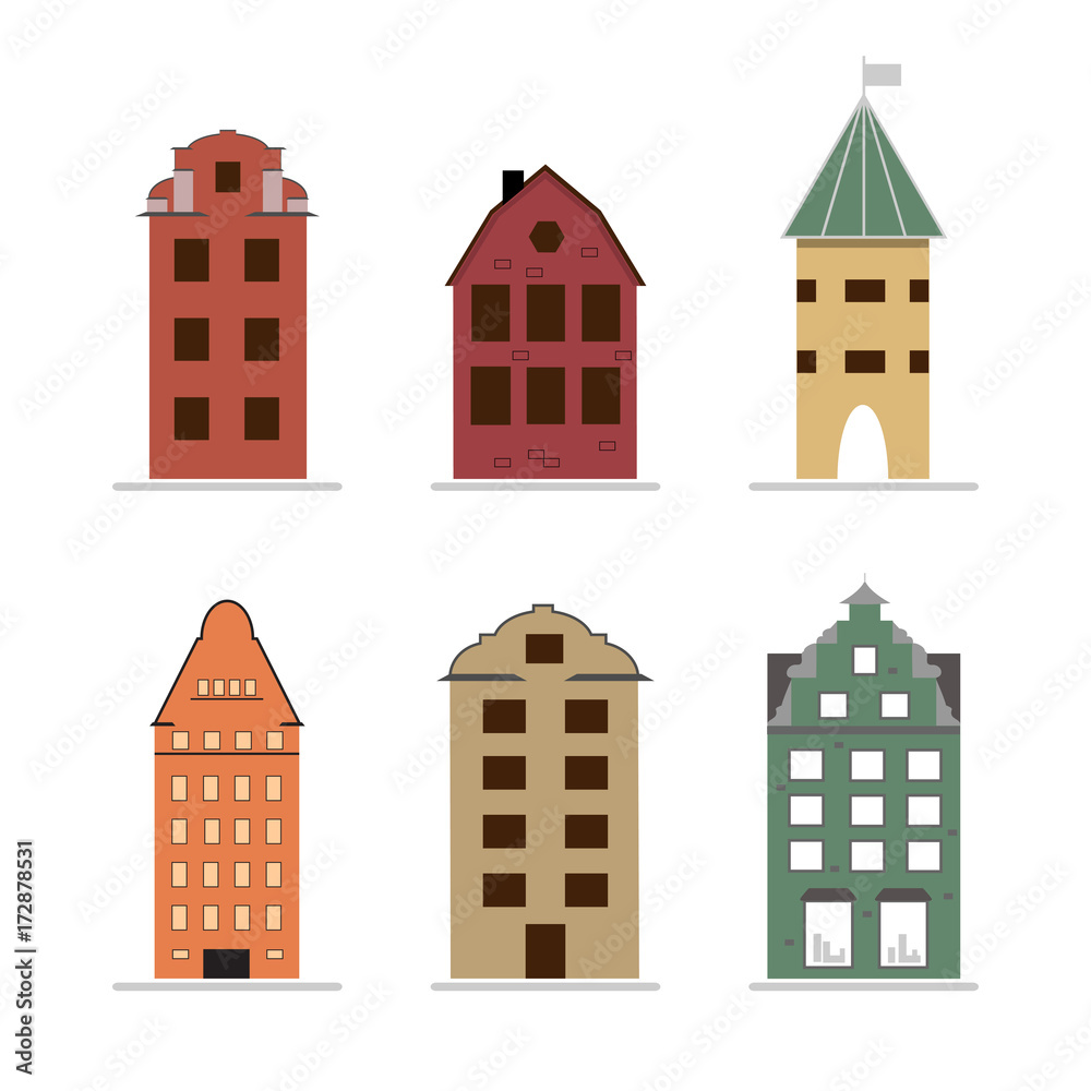 Set of 6 color scandinavian houses in flat style. Vector illustration.
