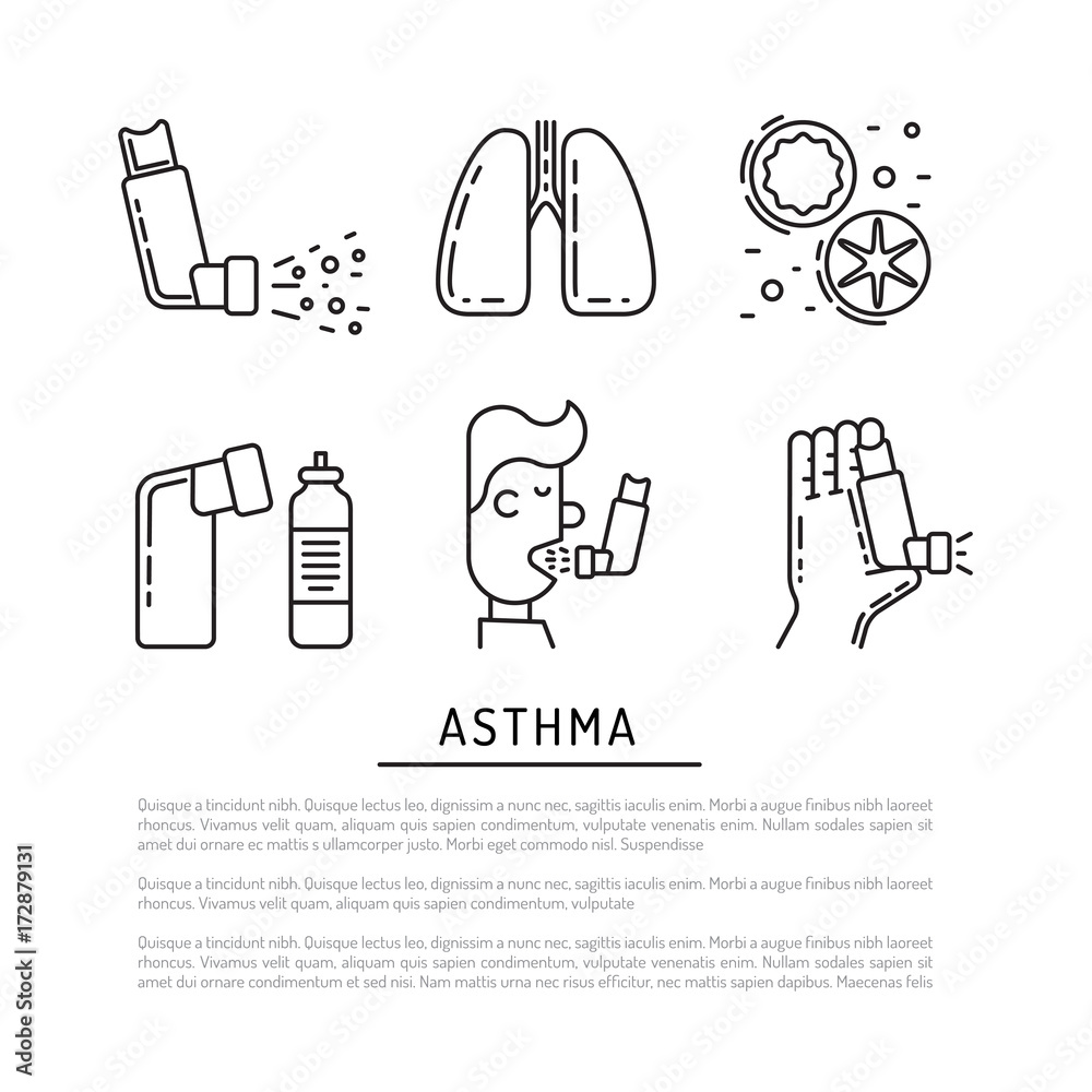 Vector icons on the theme of asthma isolated on white background in outline style. Medical illustration of the topic of asthma, icons of the person with asthma and asthmatic cough stimuli Vector icons on the theme of asthma isolated on white background in outline style. Medical illustration of the topic of asthma, icons of the person with asthma and asthmatic cough stimuli
