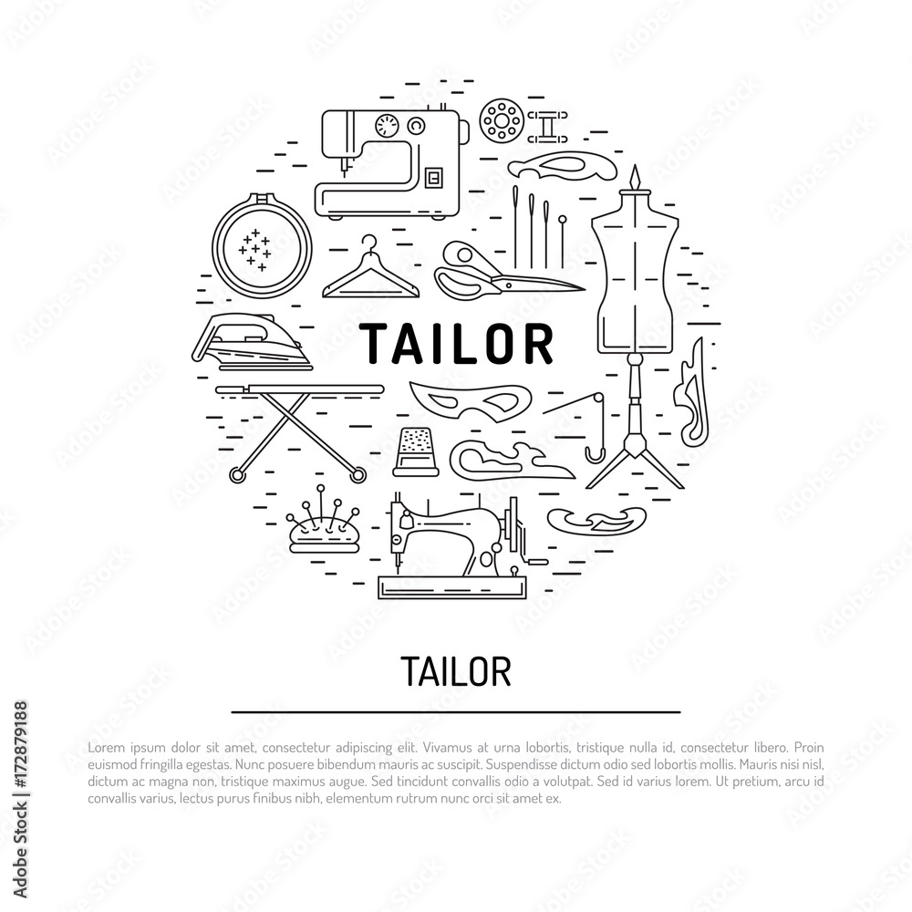 Round banner on the theme of tailoring consisting of icons of equipment tailor. Vector illustration isolated on white background outline. Tools and equipment for dressmaker and needlework.