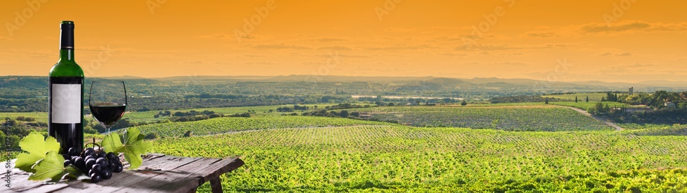 panoramic view of beautiful vineyard landscape at sunset with a bottle and a glass of wine in foreground