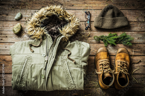 Winter warm male clothes - jacket, boots, warm hat