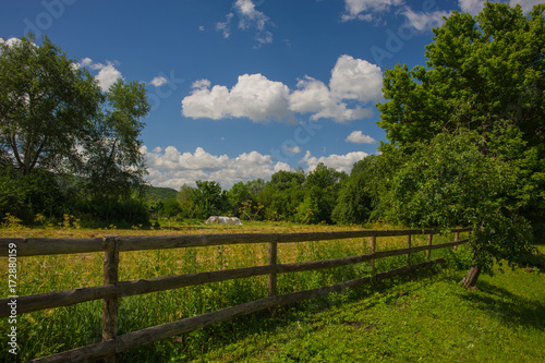 wooden fence in a meadow in the village.