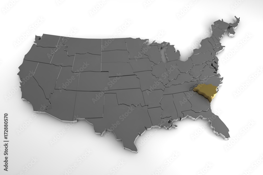 Fototapeta premium United States of America, 3d metallic map, with South Carolina state highlighted. 3d render