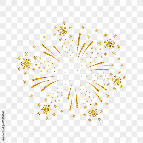 Firework gold isolated. Beautiful golden firework on background. Bright decoration Christmas card, Happy New Year celebration, anniversary, festival. Flat design Vector illustration