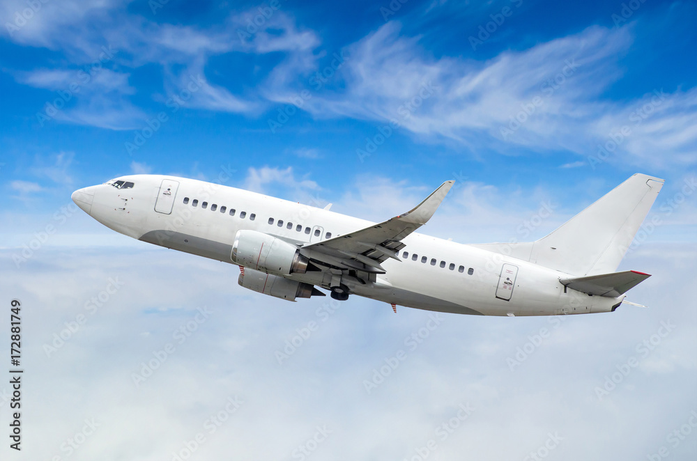 Obraz premium Passenger airplane flies on a flight level against a background of clouds and a blue sky