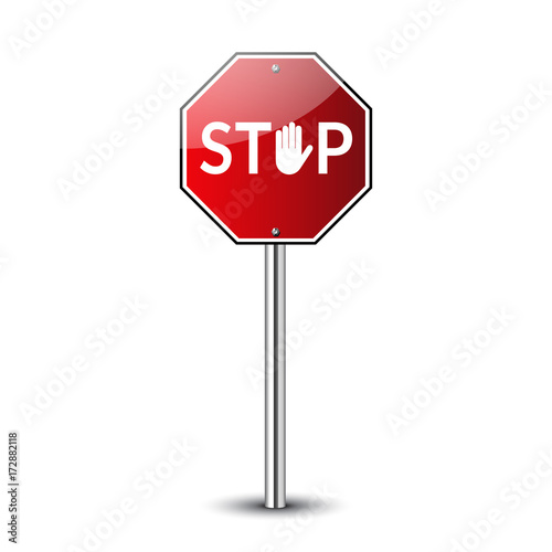 Stop traffic road sign. Prohibited red road sign isolated on white background Glossy. No transportation icon. Guidepost metal pole. Streetroad warning icon. Symbol danger Vector illustration