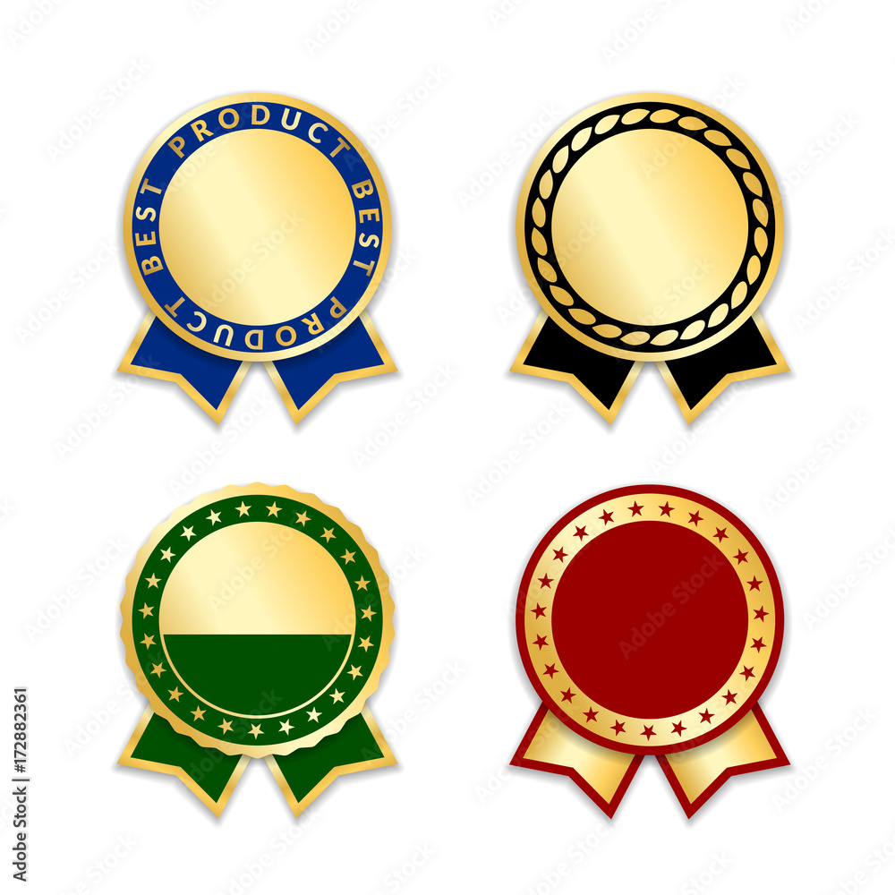 Award ribbons isolated set. Gold red design medal, label, badge, certificate. Symbol best sale, price, quality, guarantee or success, achievement. Golden ribbon award decoration Vector illustration Award ribbons isolated set. Gold red design medal, label, badge, certificate. Symbol best sale, price, quality, guarantee or success, achievement. Golden ribbon award decoration Vector illustration