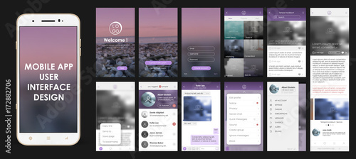 Design of mobile applications, UI, UX, GUI. Set with a welcome window, registration, home page, news search, chat and settings