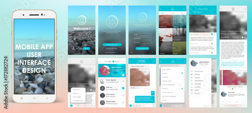 Design of mobile applications, UI, UX, GUI. Set with a welcome window, registration, home page, news search, chat and settings