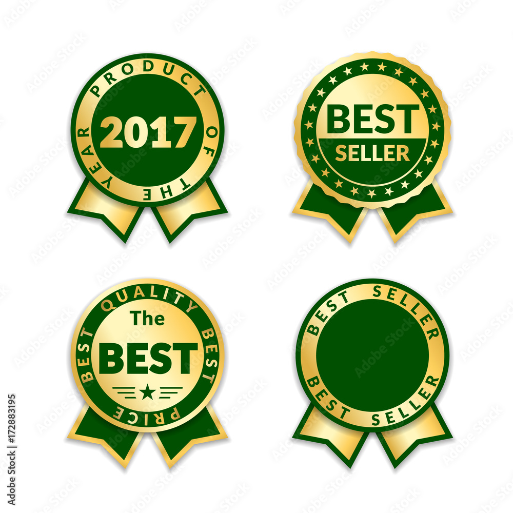 Green ribbon awards best seller label set. Gold ribbon award icons isolated white background. Best quality design for badge, medal, best price, certificate guarantee product Vector illustration Green ribbon awards best seller label set. Gold ribbon award icons isolated white background. Best quality design for badge, medal, best price, certificate guarantee product Vector illustration