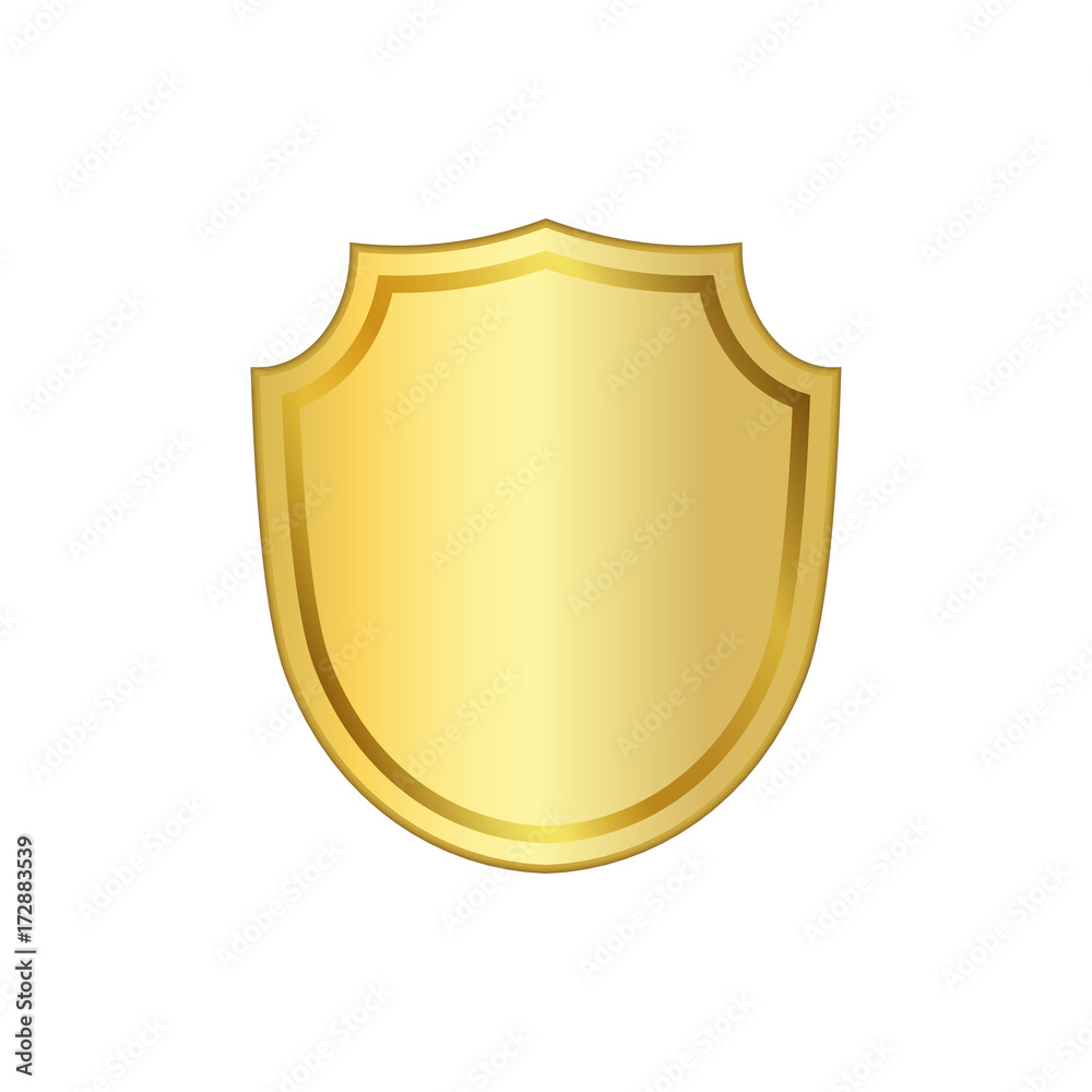 Gold shield shape icon. 3D golden emblem sign isolated on white background. Symbol of security, power, protection. Badge shape shield graphic design Vector illustration Gold shield shape icon. 3D golden emblem sign isolated on white background. Symbol of security, power, protection. Badge shape shield graphic design Vector illustration
