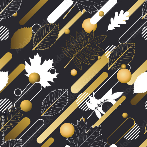 Autumn vector seamless pattern in golden, black and white colors. Outline fal...