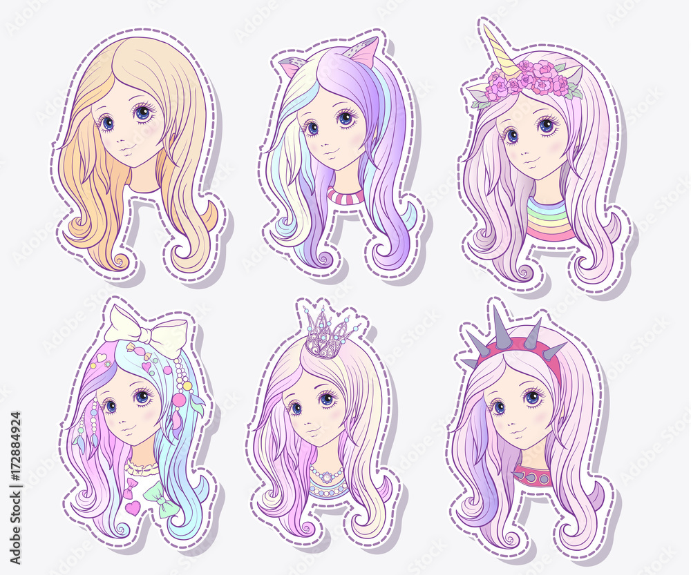 Set of 6 styles of young girl with pink colored long hair and di Set of 6 styles of young girl with pink colored long hair and di