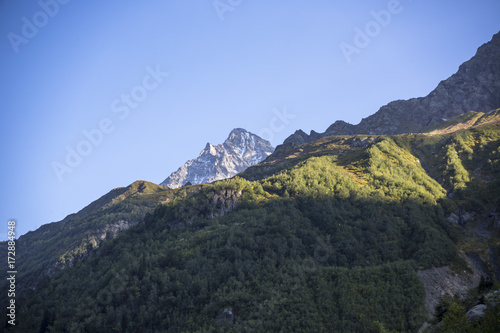 Горный пейзаж. Красивый вид на высокие скалы в живописном ущелье. солнечная погода. Дикая природа и горы Северного Кавказа