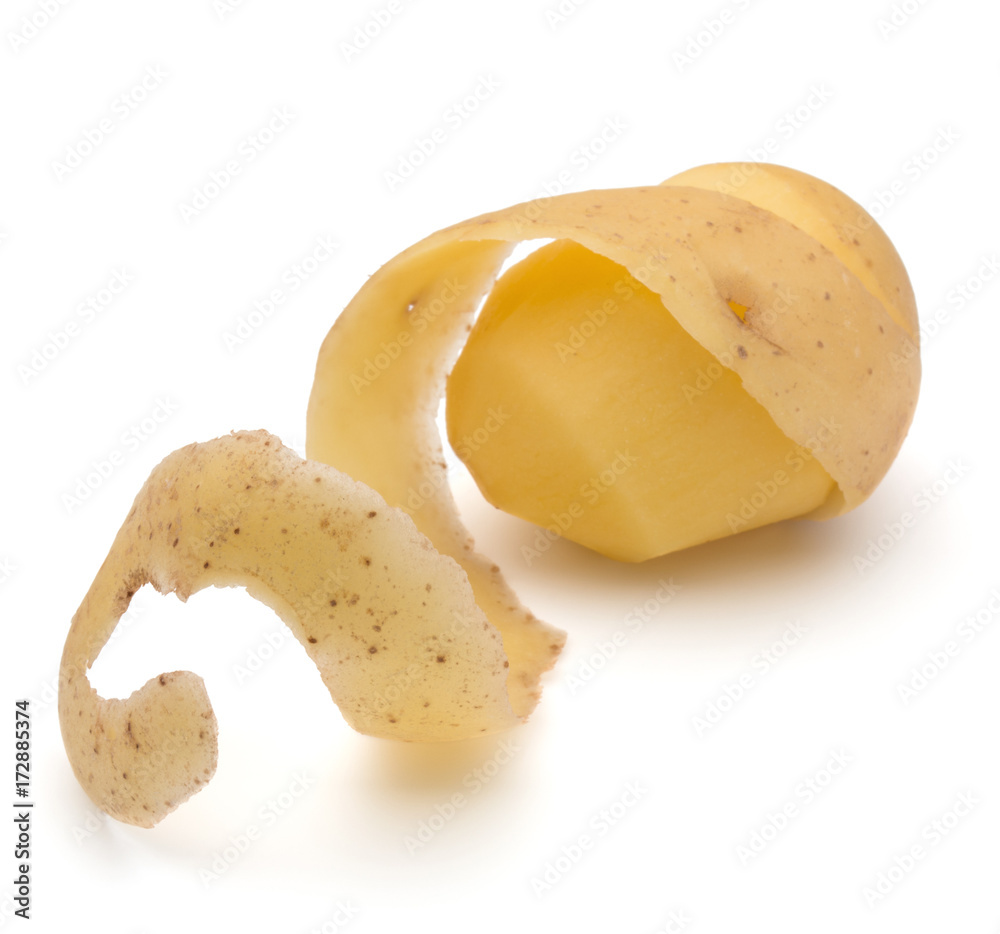 peeled potato tuber with peel spiral isolated on white background cutout peeled potato tuber with peel spiral isolated on white background cutout