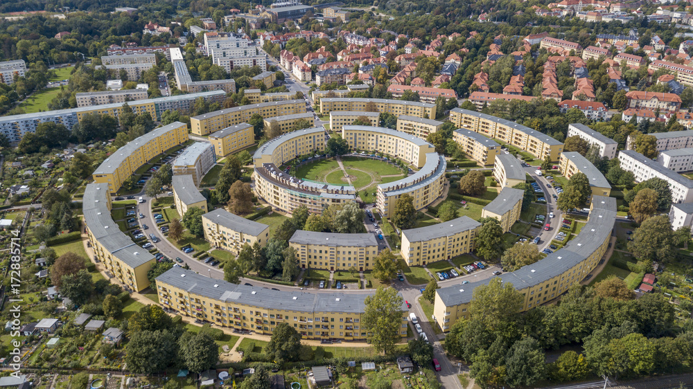 Aerial view of apartment houses in concentric circles in Leipzig. Germany