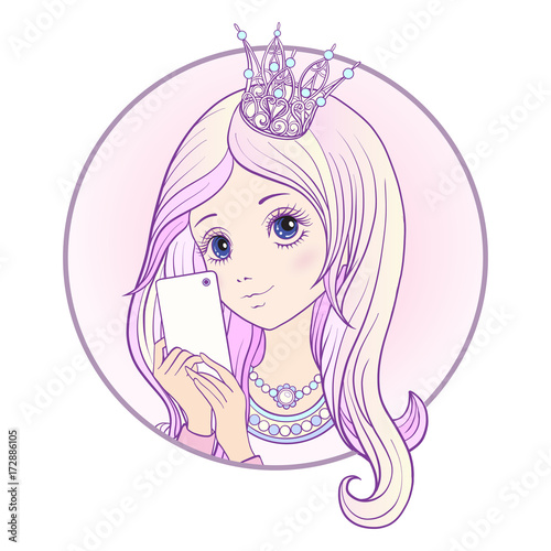 Young nice girl with long multi colored pink hear and princess C