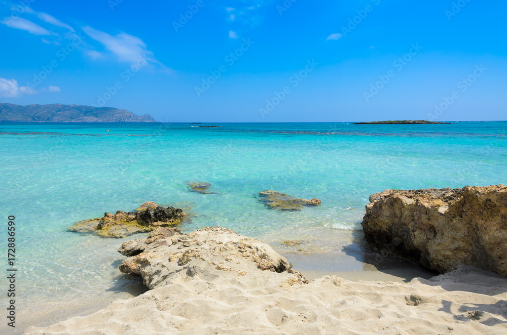 Paradise beach with turquoise water, in Elafonisi, Crete, Greece - Travel destination in Europe