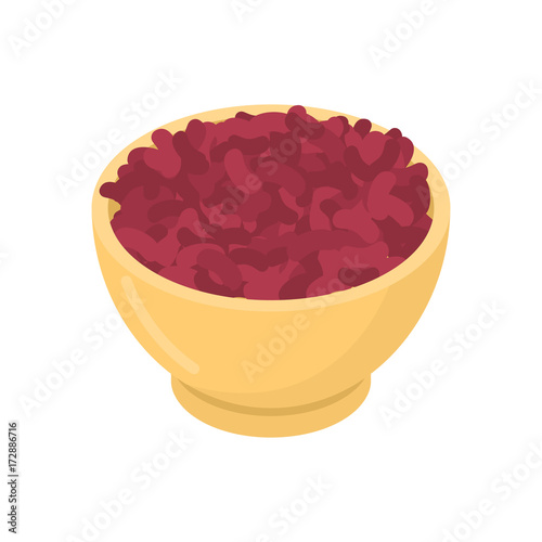 Red beans in wooden bowl. Groats in wood dish. Vector illustration
