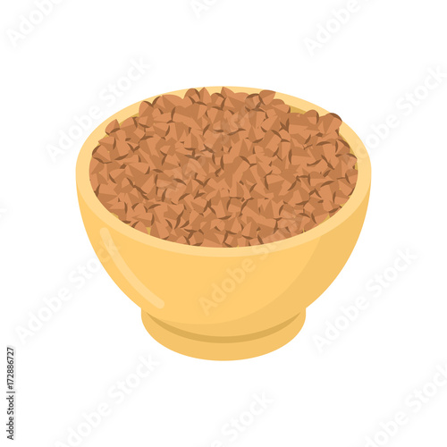Buckwheat in wooden bowl isolated. Groats in wood dish. Grain on white background. Vector illustration
