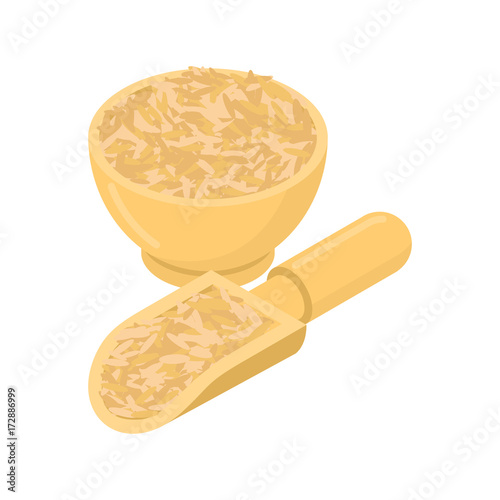 Oat in wooden bowl and spoon. Groats in wood dish and shovel. Grain on white background. Vector illustration