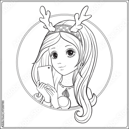 Young nice girl with long hear and deer horns on her head make s