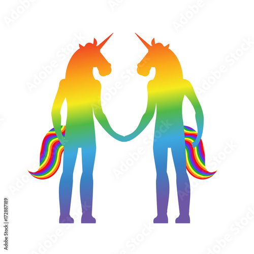 Gay love. unicorn hold hands. LGBT heart. Together forever. Vector illustration