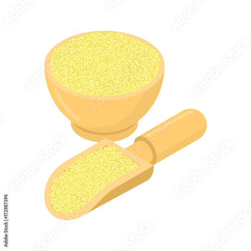 Cuscus in wooden bowl and spoon. Groats in wood dish and shovel. Grain on white background. Vector illustration