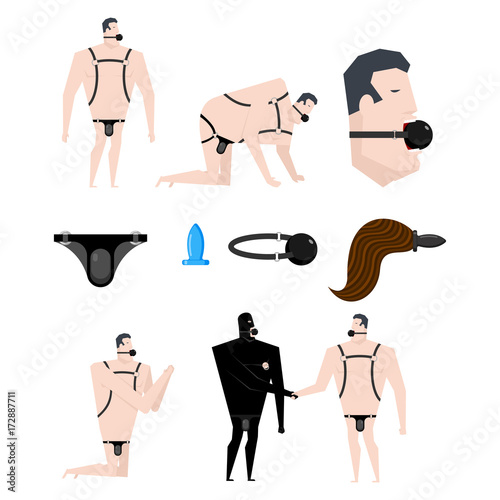 BDSM slave set. Gag in mouth. Adult sexual games. Humiliation and domination. Vector illustration.