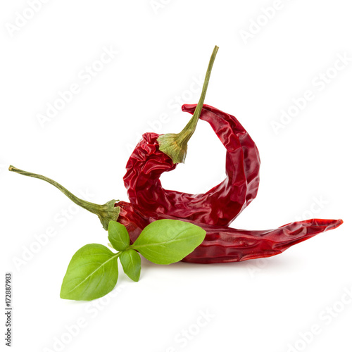 Dried red chili or chilli cayenne pepper isolated on white  background cutout photo