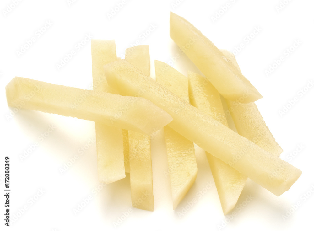 Raw Potato sliced strips prepared for French fries isolated on white background
