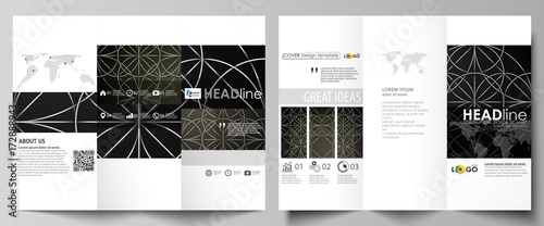 Tri-fold brochure business templates on both sides. Easy editable vector layout in flat design. Celtic pattern. Abstract ornament, geometric vintage texture, medieval classic ethnic style.