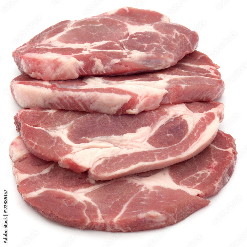 Raw pork chop meat isolated on white background cutout