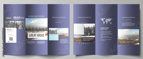 Tri-fold brochure business templates on both sides. Easy editable vector layout in flat design. Abstract landscape of nature. Dark color pattern in vintage style, mosaic texture.