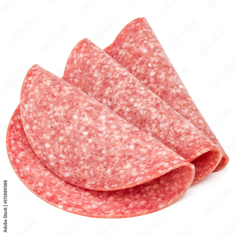 Salami smoked sausage slices isolated on white background Salami smoked sausage slices isolated on white background