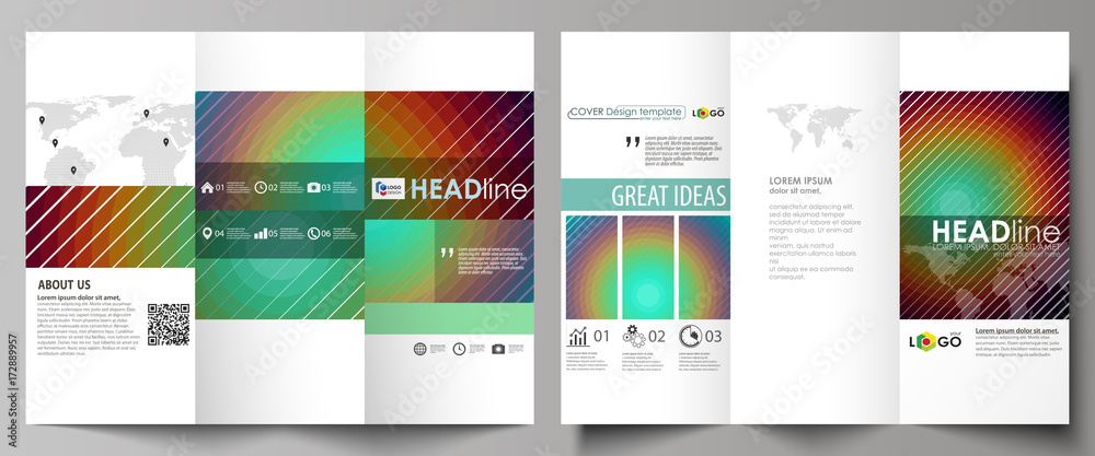 Tri-fold brochure business templates on both sides. Abstract vector layout in flat style. Minimalistic design with circles, diagonal lines. Geometric shapes forming beautiful retro background.